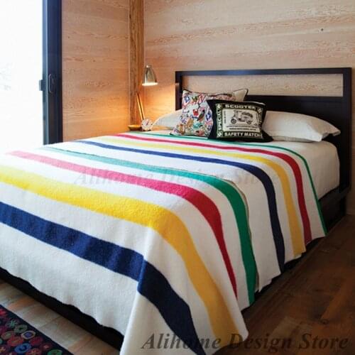 New Plaid Blankets for Beds Bedspread Throw Blanket Hudson Bay 8 Point Blanket Natural with Multi Stripes Cubre Cama Cobertor