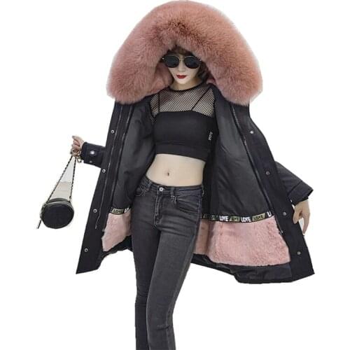 2019 Luxury Fur Parka Winter Women Coat Warm X-Long Parkas Real Rabbit Fur Lining Fox Fur Hoody LF9037
