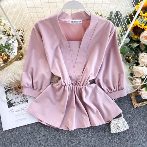 Womens Temperament Shirt Spring Autumn Design Ruffles Lace Up Waist Wild Shirt Tide Solid V-Neck Three Quarter Shirts Top ML673