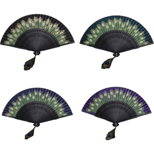 Chinese Style Peacock Patterned Hand Fans Vintage Imitation Silk Handheld Folding Fan with Bamboo Frame for Dancing