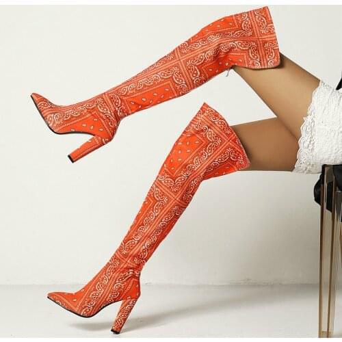 2021 Ladies New Thigh Boots Personality Fashion Printing Stage Boots Female Autumn Winter Warm Zipper High Heel Womens Shoes