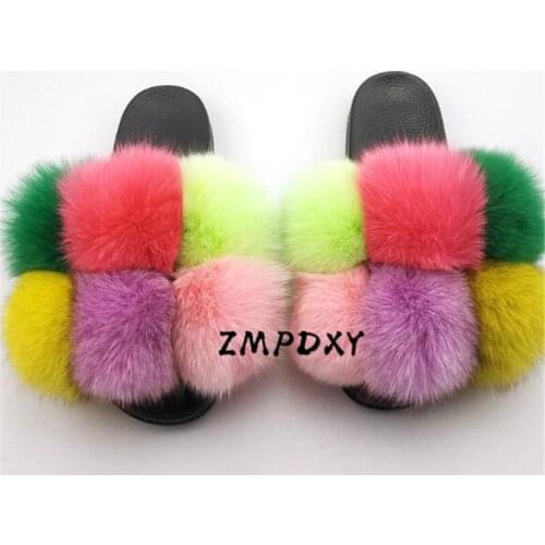 Ladies Wool ball Shoes Kids/Childrens Real Fox Fur Slippers Cute PVC Plush Sandals Womens Fluffy Big Furry Slides Flip Flops