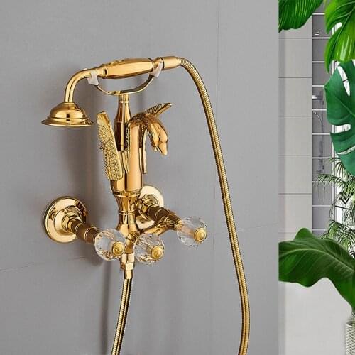 Bathroom Bathtub Shower Faucets Set Wall Mounted Gold Brass Swan Bathtub Faucet Cold and Hot Crystal Bath and Shower Mixer Tap