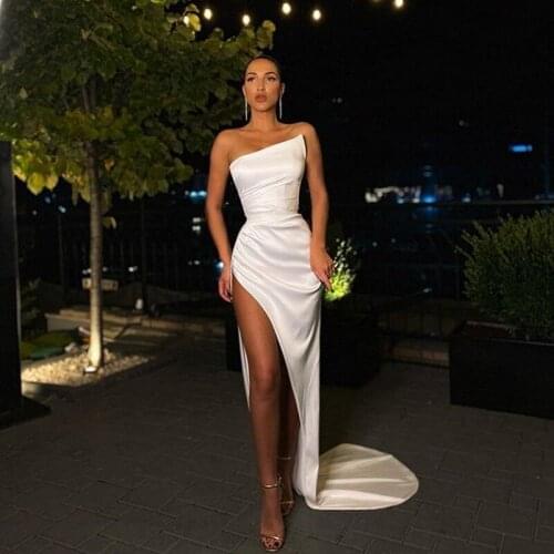 High Side Split Sexy Prom Dress Satin Strapless Pleats Sweet Train Mermaid Evening Gowns Simple robes de cocktail Vestidos