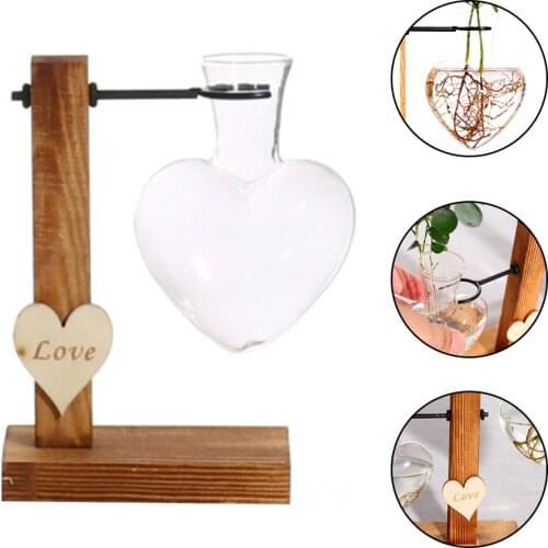 Love Heart Glass Vase Aquatic Plants Pot Hydroponic Bonsai Pot Transparent Display Plants Vase With Wooden Tray For Home Decor