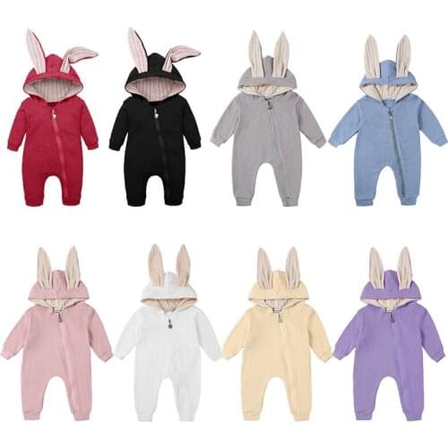 Spring Autumn Cotton Kids Romper 8 Colors Big Ear Rabbit Baby Boy Clothes Hooded Zipper Girl Jumpsuit 0-2 Year Baby Girl Clothes