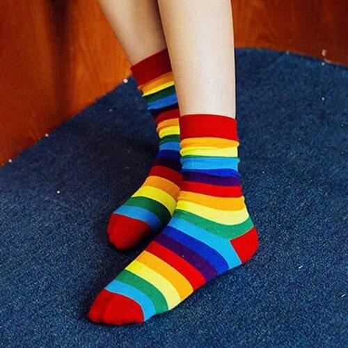 Spring Rainbow Striped Cotton Socks For Women Cute Candy Color Sporty Socks Harajuku Retro Streetwear Casual Sox Female Socks