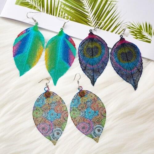 QCOOLJLY Vintage Colorful Sexy Women Stud Earrings Big Leaf Vortex Print Bohemian Minimalist Earings Fashion Jewelry Kolczyki