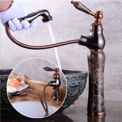 Hot and cold Rose Gold finish Pull out bathroom basin faucet Brass and Jade bathroom sink tap with pull out shower head style