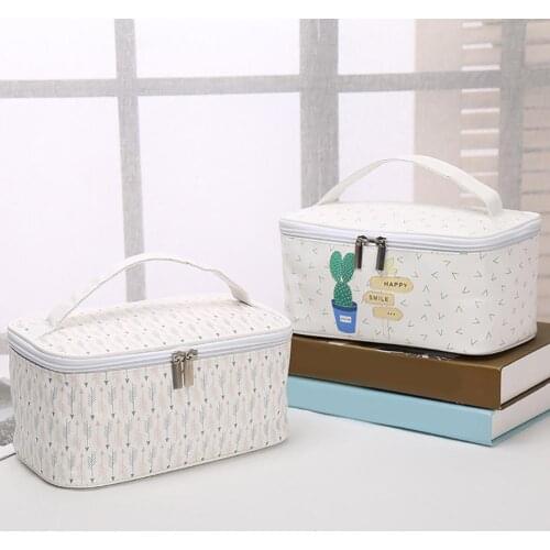 Women Cactus Stripe Dot Printed Zipper Tote Travel Makeup Cosmetic Storage Bag Desktop Storage Basket Sundries Storage Box