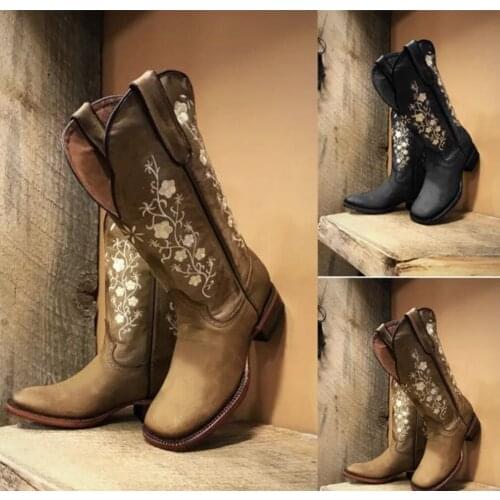 2021 Woman Embroidery Boots Mild-Calf Boots Female Casual Low Heels Boots Vintage West Cowboy Autumn Winter Leather Shoes Women