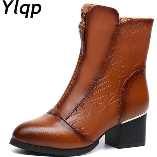 2019 New Vintage Mid-calf Women Boots Square Thick High Heels Pointed Toe Martin Boots Genuine Leather Winter Shoes for Women