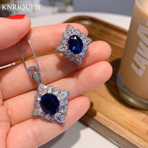 Vintage 925 Sterling Silver Sapphire Tanzanite Gemstone Rings Pendant Necklace High Carbon Diamond Party Jewelry Sets for Women