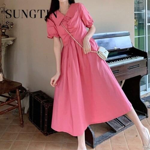 Sungtin Elegant Sweet Lantern Sleeve Peter Pan Collar Woman Dress Buttons Pleated Ruffle Vestidos Empire Pink Summer Dress Mujer