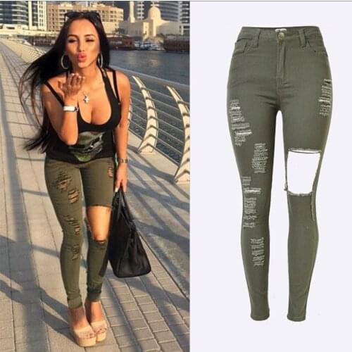 2016 Army Green Big Hole Skinny Jeans Women High Waist Jeans women Slim Fit Ripped Denim Pants spijkerbroeken dames 1577