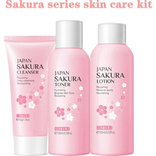Facial Skin Care Set Sakura Cleansing Milk Moisturizing Toner and Lotion Moisturize Whitening Skin Rejuvenation Skin Care 3PCS