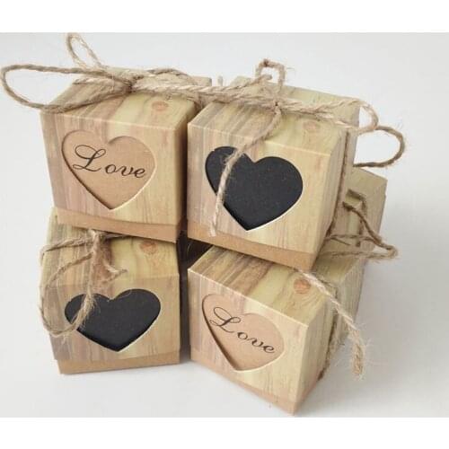50/100PCS Kraft Paper Love Candy Box Gift Bags Party Favor Supplies Birthday Wedding Decor Boxes Sweets Wood Grain Heart-Shaped