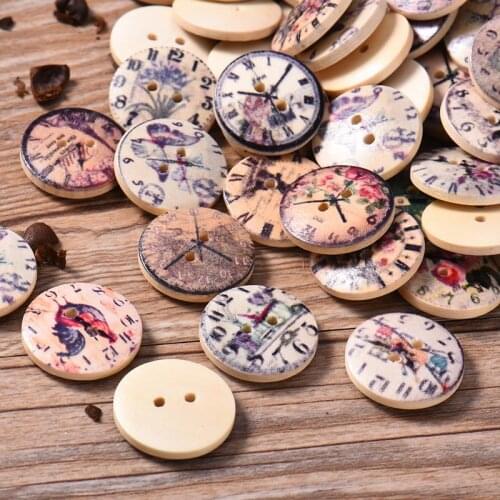 50Pcs 2 Holes Wood Buttons Craft Scrapbooking Sewing Clothing Accessories 20mm Buttons Clock Painted Vintage Crafts