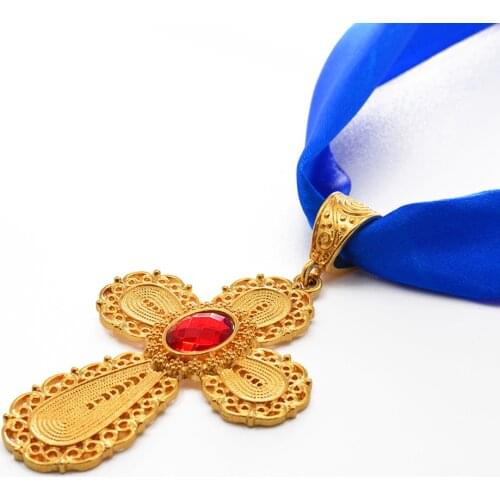 Anniyo Ethiopian Cross Pendant Rope Chain for Women Girls,African Birthday Party Gold Color Eritrea Jewelry Crosses #241306