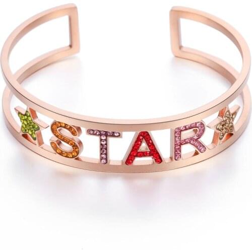 Stainless Steel Colorful Crystal Letter STAR Bangle Bracelet For Women Rose Gold Cuff Bangle Valentines Gift Girls Jewelry New