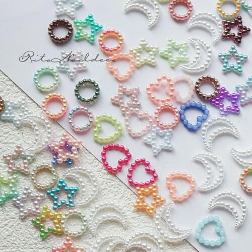 50pcs Mixed Colorful Charm Pearl Chain 3D Nail Art Decorations Heart Star Moon Round Design Jewelry Fashion Manicure Accessories