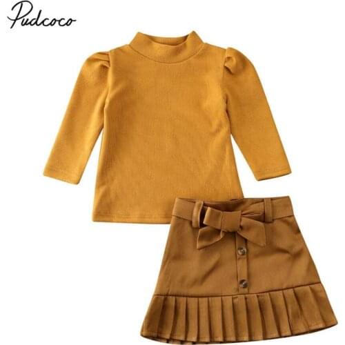 2020 Baby Spring Autumn Clothing Toddlers Baby Girl Clothes Longsleeve Turtleneck Top Bandage Pleated Button Skirt 2pcs Set 1-6Y