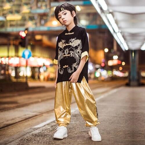 Hip Hop Kids New Dragon Printed Street Wear Handsome Tang Suit Boys Dancing Outfits Performance Hip Hop Costume For Kids BL2162