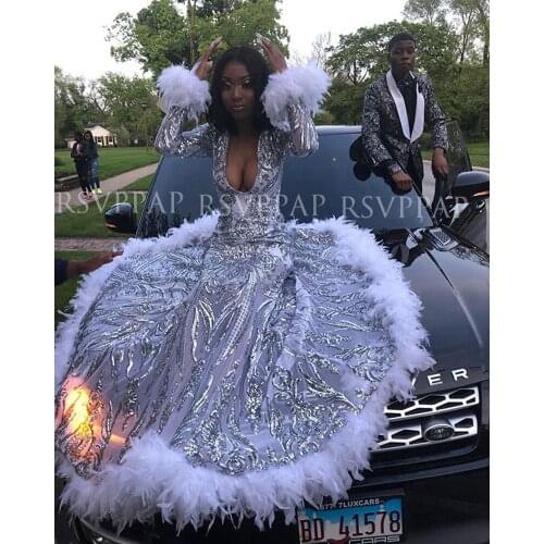 Long White Mermaid Prom Dresses 2021 New Arrival Sparkly Silver Sequin V-neck Long Sleeve Feathers African Girl Prom Gowns