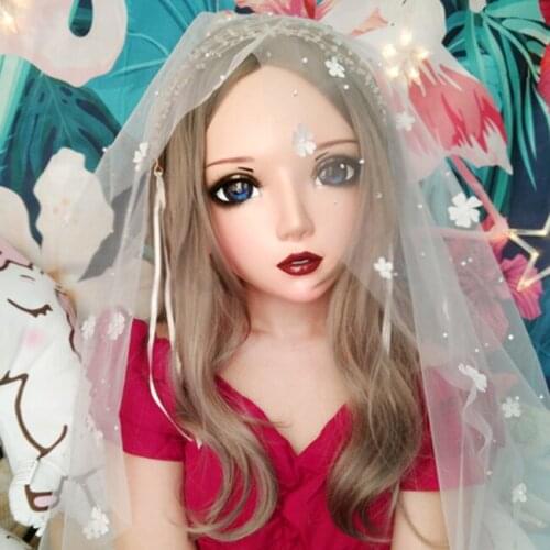 Er-09)Female Sweet Girl Resin Half Head Kigurumi BJD Eyes Crossdress Cosplay Japanese Anime Role Lolita Mask With Fairy Ear
