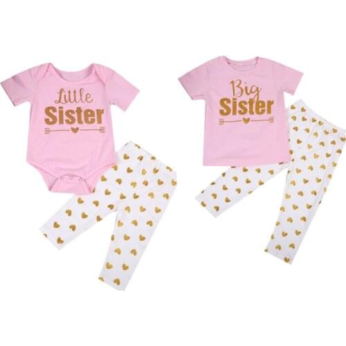 Little Sister Big Sister Print Match Clothes Short Sleeve T shirt and Pant Set For Baby Girl