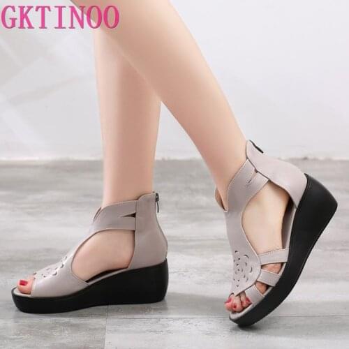 GKTINOO Woman Sandals 2021 Summer Women Genuine Leather Platform Open Toe Casual Shoes Woman Fashion Thick Bottom Wedges Sandals