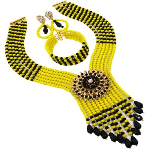 Graceful black and yellow african wedding beads jewelry set crystal nigerian wedding set 6SDLS-04