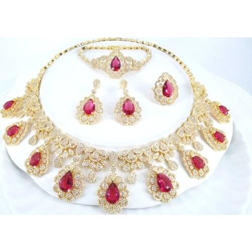 2021 new fashion retro red CZzircon Golden necklace earring bracelet ring wedding bridal banquet dinner dressing jewelry set