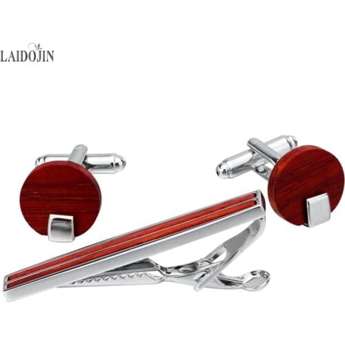 LAIDOJIN Red Wood Tie Clip Bar Cufflinks Set for Mens Shirt Cuff links Brand High Quality 3pcs for Men Fathers Day Gift Jewelry