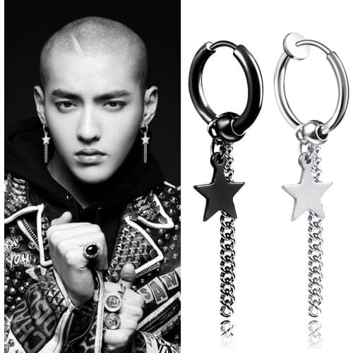 SOHOT Wholesale Chic Geometric New Unisex Titanium Star Stainless Steel Hoop Drop Earrings HipHop Punk Tassel Chain Man Party