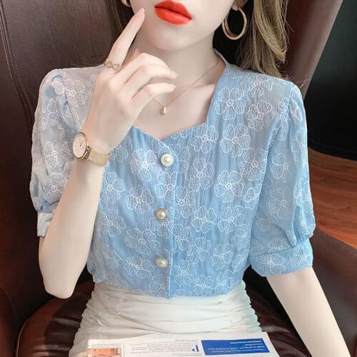 2021 summer new style temperament square collar shirt female Korean fashion casual all-match short-sleeved top trend
