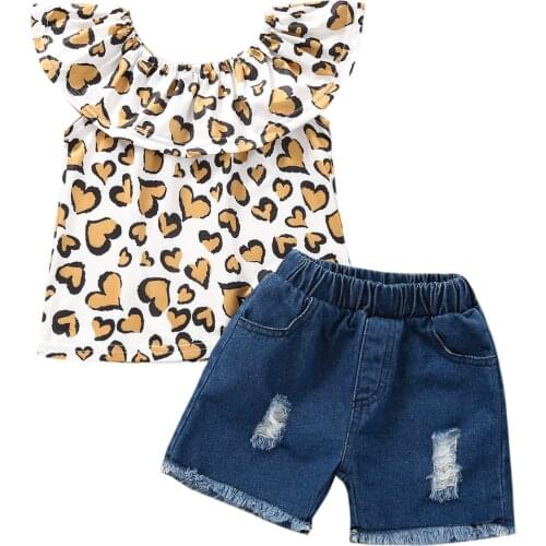 New Fashion Baby Girl Kids Leopard Heart Print Ruffle Tops + Denim Shorts Summer Toddler Girl Outfit Children Clothes