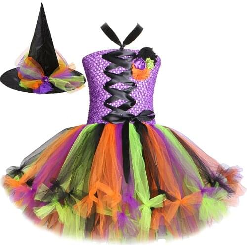 Witch Halloween Costumes for Girls Kids Sorceress Tutu Dress with Hat Children Cosplay Dresses for Carnival Party Colorful Tutus