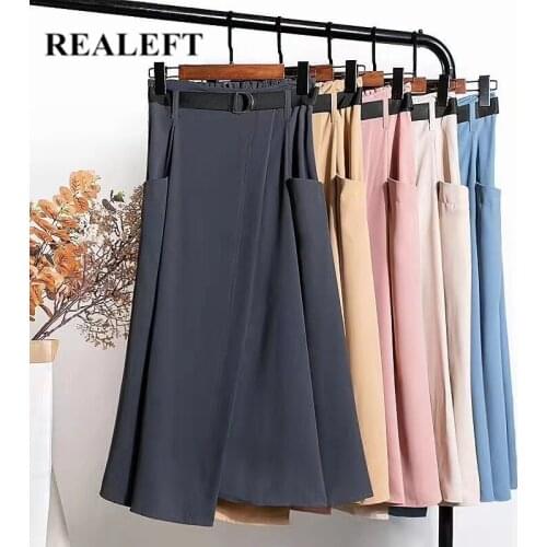 REALEFT 2021 New Solid Cargo Womens Long Skirts with Belted High Waist Casual A-Line Female Umbrella Skirts Pockets Ladies