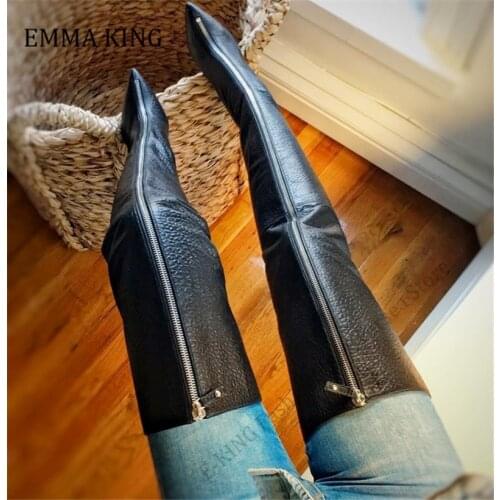 Black Front Zipper Thigh High Heels Stilettos Boots Faux Leather Ladies Sexy Pointed Toe Over the Knee Boots Sexy Botines Mujer