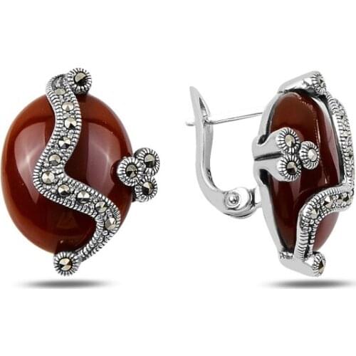 KUTAYDAN Marcasite & Red Agate Stone Earrings 925 Sterling Silver