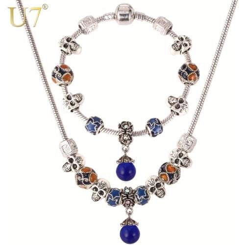 U7 DIY Bead Necklace Set Tibetan Silver Color Opal Stone Pendant Necklace Bracelet Bohemian Jewelry Set S607