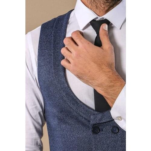 Patterned Double Breasted Blue Waistcoat & Trousers