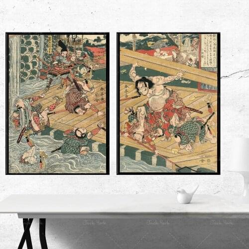 Battle Scene Vintage Japanese Diptych Ukiyo-e Woodblock Prints Antique Japanese Warriors Posters Vintage Samurai Battle Posters