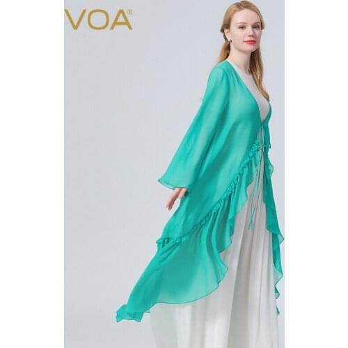 VOA Autumn New Silk Georgette Long Sleeve Woman Jacket Water Blue Lace-Up Wood Ear Fold Wild Medium and Long Coat Women WE123