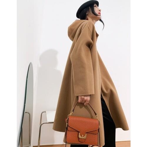 High-end cape hooded mid-length chic double-sided cashmere coat woolen coat female Korean 21 new style