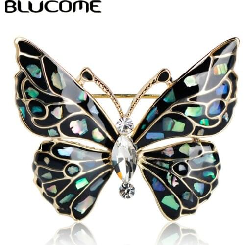 Blucome Fashion Blue Butterfly Brooch Clothes Accessories Gold-color Abalone Shell Insect Brooches Jewelry Pins For Suit Dress