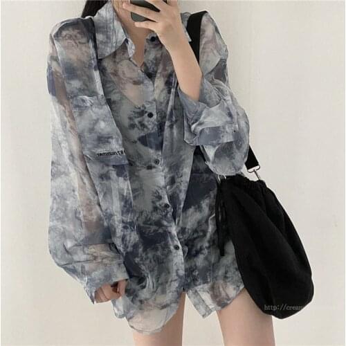 Tie Dye Loose Shirt Women 2021 Korean Single Breasted Pocket Long Sleeve Fall Summer Blouses Ladies Casual Wear T007