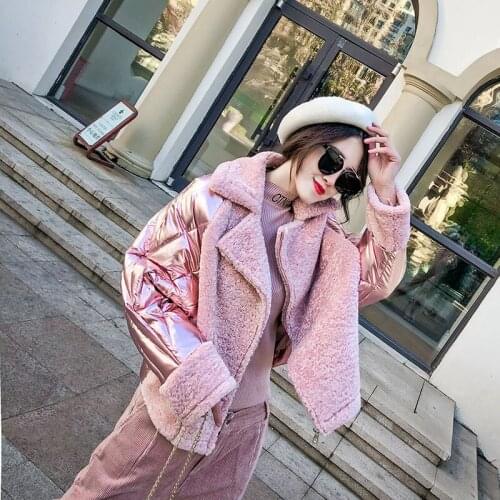 2020 Womens Winter Plus Size Glossy Down Cotton Padded Jacket Coat Loose Short Pink Patchwork Suede Down Parkas Mujer Chaqueta