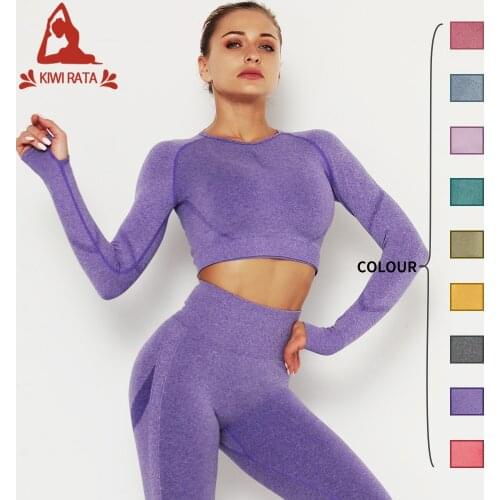KIWI RATA Women Fitness Sport Yoga Suit Seamless Yoga Sets Long Sleeve Yoga Leggings Female Sport Gym Suits Wear Running Clothes